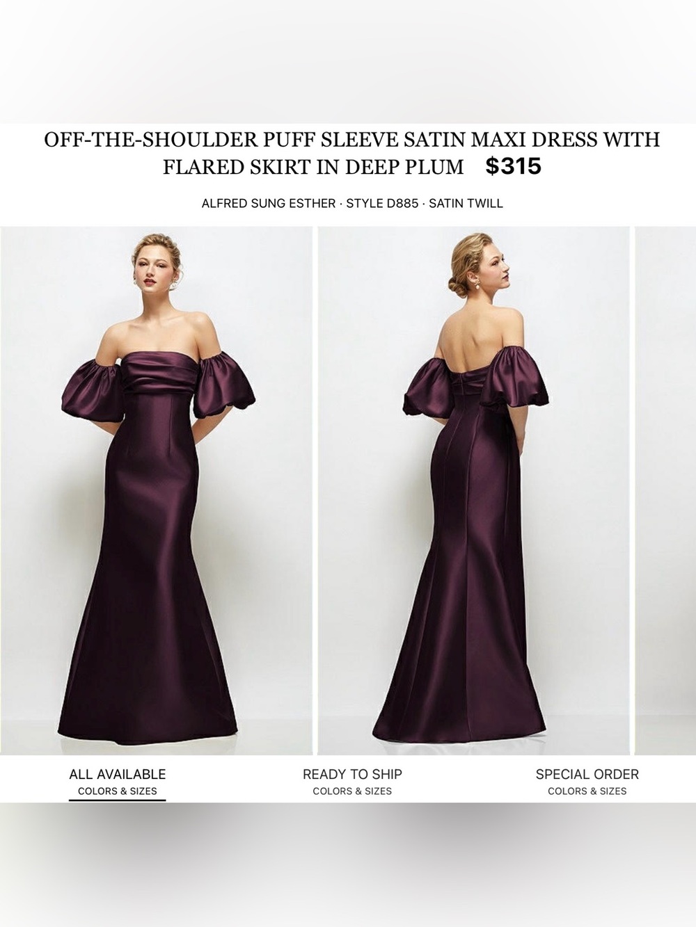 ALFRED SUNG Off-the-Shoulder Satin Maxi Dress in Plum